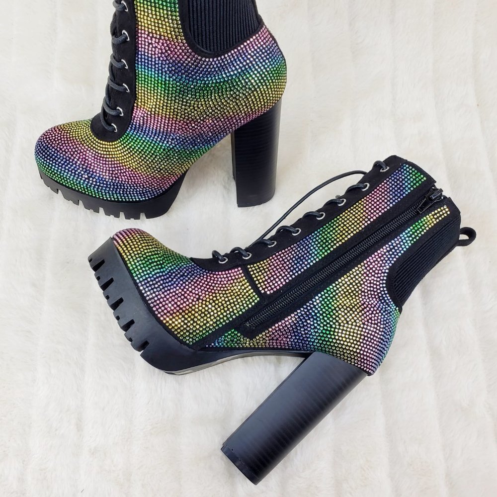 Rainbow Sparkle Rhinestone Chunky High Heel Ankle Boots - Picture 16 of 17